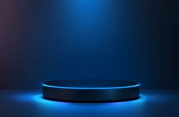 Abstract futuristic blue technology background with glowing circular podium and hologram elements for product presentation in a virtual space, a digital concept of a future cyber tech design stage 