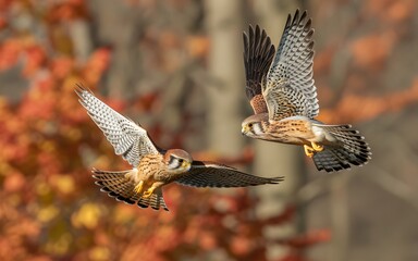 Obraz premium Flying brown bird of prey with wings spread: a red-tailed hawk or common buzzard in flight against the sky