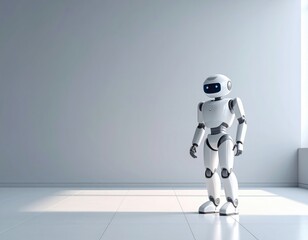 AI Powered Robot Standing Still in a Clean Industrial Hall with Neutral Grey Walls