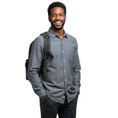 Smiling student with backpack isolated on transparent background
