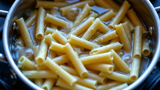 Uncooked pasta tubes being boiled in a pot of water on the stove.