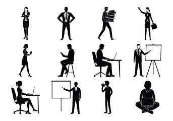 Business People Silhouette Icons set , Office Tasks, Tech Interaction, and Body Language

