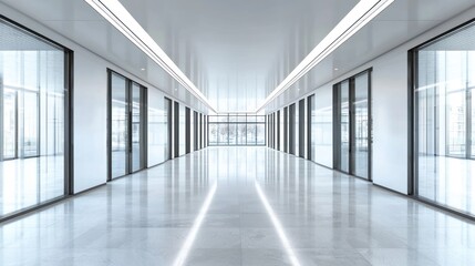 A spacious, modern office hallway with glass doors and windows, white walls, and a clean, minimalist design.