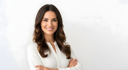 Portrait of smiling woman in white shirt with arms crossed on white background professional headshot