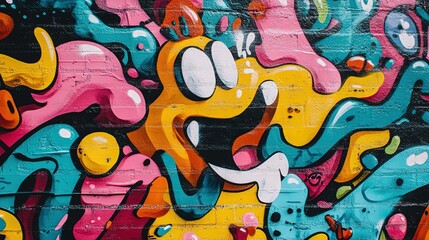 Fototapeta premium Abstract colorful graffiti mural with cartoon characters, dynamic colors, and fluid lines on dark background highlighting bright designs for energetic atmosphere. Ideal for urban decor, wall art, or a