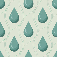 Geometric seamless pattern with stylized teal raindrops and flowing lines. Abstract flat design weather background for modern wallpaper, textile print, or fabric design.