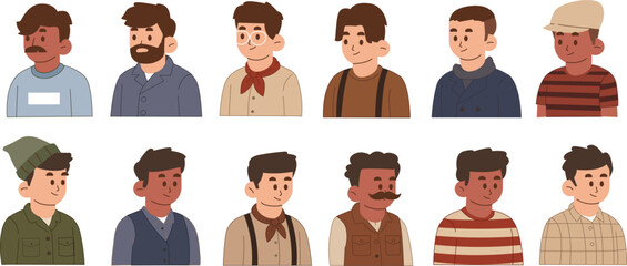 collection of cartoon male portraits with various styles and diverse attire and expressions