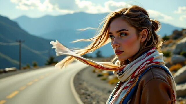 A young woman with a scarf stands beside a winding mountain road under a clear sky, with distant peaks in the background.