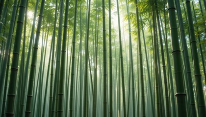 Serene Bamboo Forest Sunlight Dappled Through Tall Green Stalks, Minimalist Nature Photography