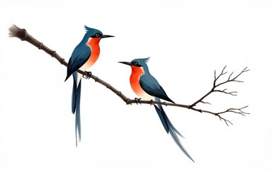 Chinese ink painting of two birds on bamboo branches with elegant brushstrokes, blue-headed birds with red beaks on white background. High quality