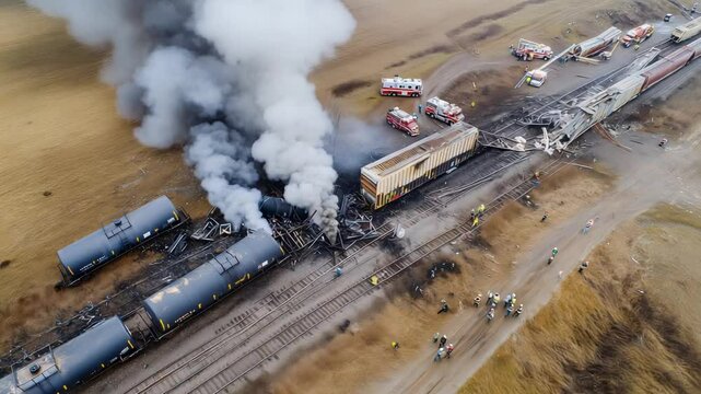 Aerial view of a train derailment incident with fire and smoke
