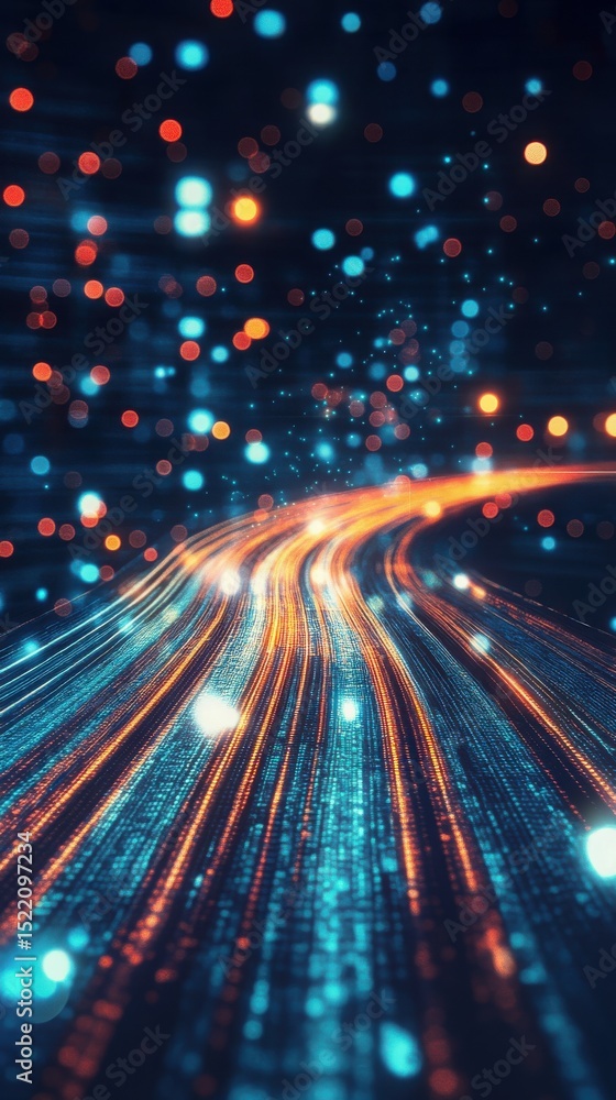 Poster abstract data stream visualisation with glowing particles and lines in dark background