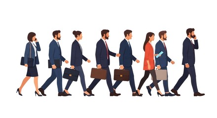 Business people walking vector illustration of diverse professional team with briefcase and phone