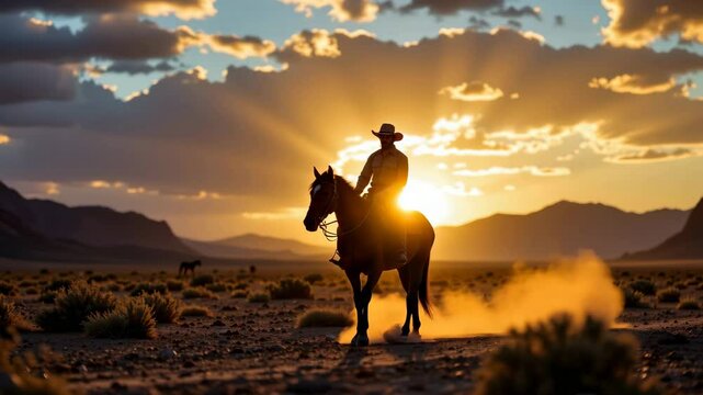 A cowboy rides a horse through a sunlit desert landscape at sunset, with mountains and dramatic clouds in the background.