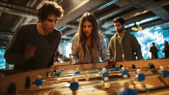 Friends Playing Foosball: Three friends engrossed in a lively foosball game, showcasing camaraderie and friendly competition in a dimly lit bar setting.