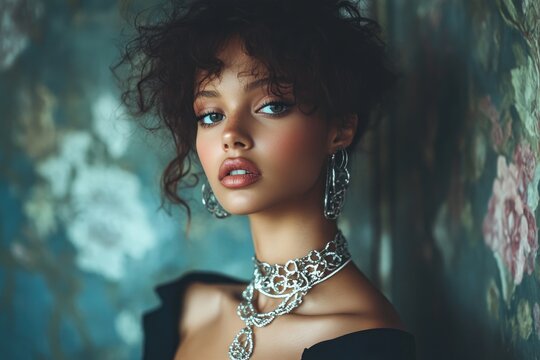 young woman with bold silver statement jewelry, styled hair, editorial lighting