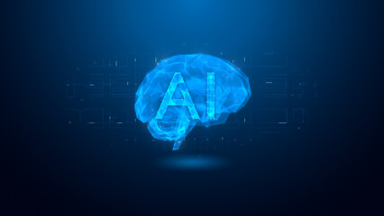 A futuristic blue digital brain representing artificial intelligence, illuminated against a dark background, symbolizing advanced technology and innovation.