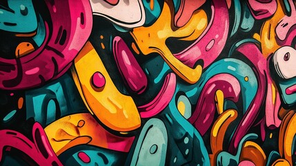 Naklejka premium Abstract colorful graffiti mural with cartoon characters, dynamic colors, and fluid lines on dark background highlighting bright designs for energetic atmosphere. Ideal for urban decor, wall art, or a