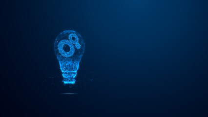A futuristic blue light bulb composed of digital data, symbolizing innovation and smart solutions in technology and energy efficiency.