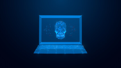 A futuristic digital representation of a human skull projected from a laptop, symbolizing artificial intelligence and data visualization.