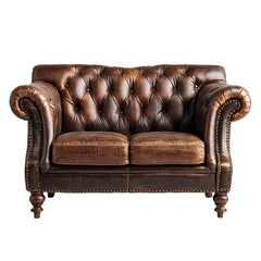 Luxurious leather sofa with tufted design, featuring rich brown color and elegant nailhead trim, perfect for classic interiors