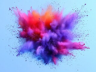 Explosion of Vibrant Colored Powders Against a Light Blue Background
