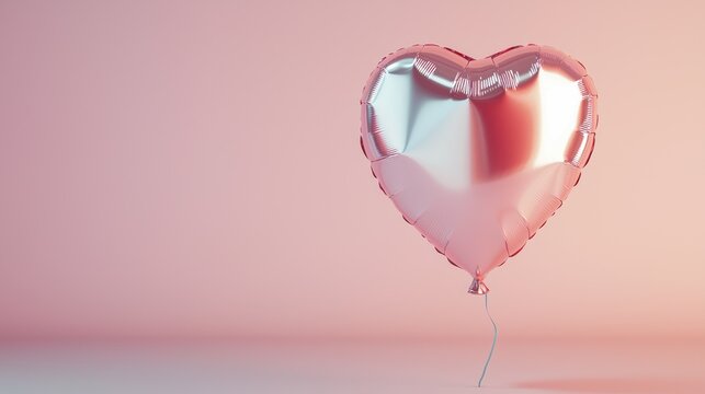 A silver heart-shaped balloon with a pink tint, floating against a pink background.