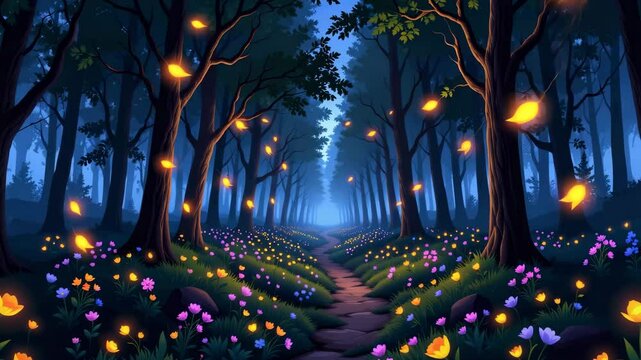 A magical forest path illuminated by glowing fireflies, surrounded by vibrant wildflowers beneath tall trees at dusk.