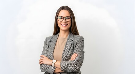 Professional woman portrait smiling wearing glasses and blazer with arms crossed on white background