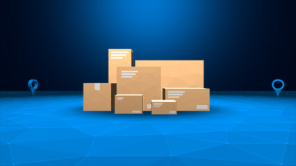 Stacked Cardboard Packages on Futuristic Digital Background, Online Delivery, Logistics, and E-Commerce Shipping Concept