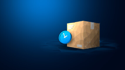 A cardboard box with a clock icon, representing delivery time management and logistics in a blue background.