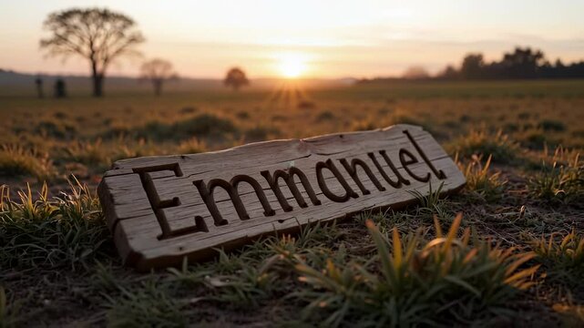 A weathered wooden sign bearing the name Emmanuel rests on the ground at dawn its carved lettering silhouetted against a pale golden sky a 4k video capturing the serene scene