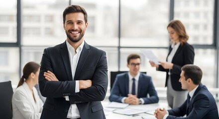 Confident business man portrait with team in background at office meeting professional corporate leader