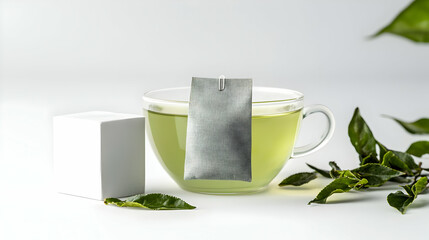 Elegant Glass Tea Cup with Tea Bag and Leaves