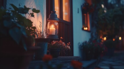 A softly lit lantern sitting outside by a wooden step