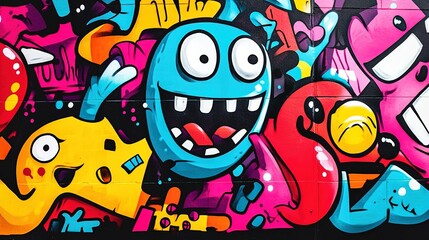 Abstract colorful graffiti mural with cartoon characters, dynamic colors, and fluid lines on dark background highlighting bright designs for energetic atmosphere. Ideal for urban decor, wall art, or a