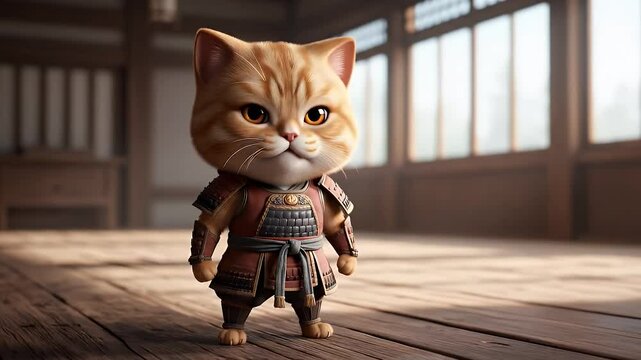Cute ginger cat dressed as a samurai warrior in a dojo.