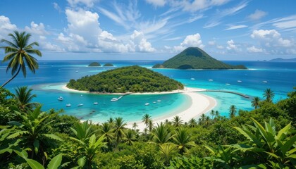 Fototapeta premium Escape to Paradise Lush Tropical Island with Turquoise Lagoon and Pristine Beaches