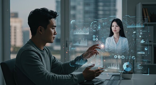Two people collaborating virtually via holographic projection, with data overlay