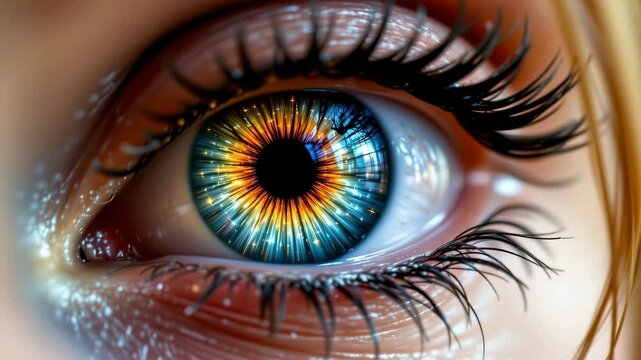 A close-up of a human eye with colorful, radiant patterns in the iris resembling a burst of light or a galaxy.