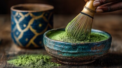Hand whisking matcha green tea powder in ceramic bowl with traditional cup