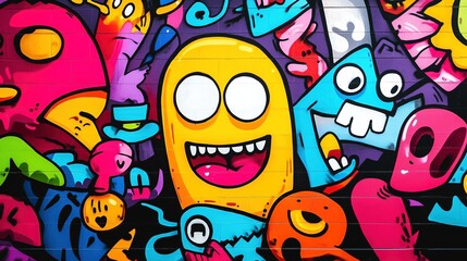 Abstract colorful graffiti mural with cartoon characters, dynamic colors, and fluid lines on dark background highlighting bright designs for energetic atmosphere. Ideal for urban decor, wall art, or a