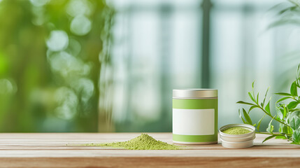 Matcha green tea powder in container on wooden table with natural background