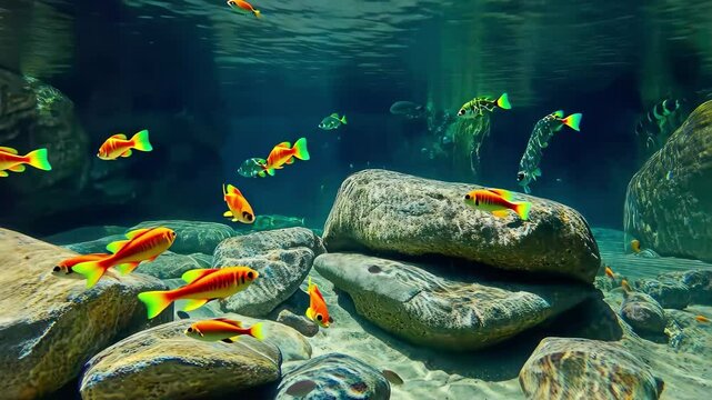 Colorful fish swimming among rocks in clear water captured in seamless timelapse, fish and rocks in clear water seamless ing time-lapse virtual video Background