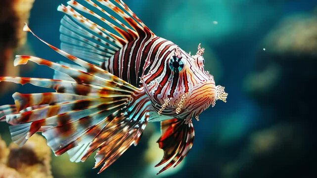 Closeup of a common lionfish showcasing vibrant colors and unique fins in a coral reef habitat, Closeup of Common Lionfish or Red Lionfish (Pterois volitans) swims in the Red sea