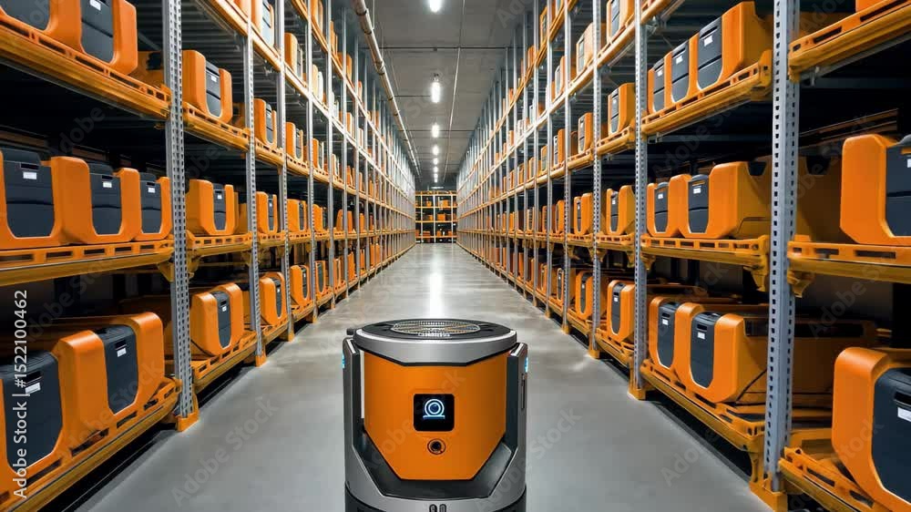 Poster technologydriven warehouse robot efficiently navigating through organized storage aisles in a modern