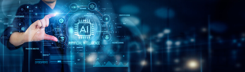 Businessman touching ARTIFICIAL INTELLIGENCE icons symbolizes innovation, data-driven decisions,...