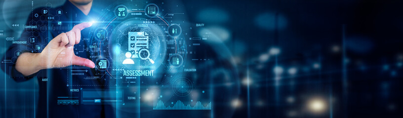 Businessman touching ASSESSMENT icons evaluates performance, analyzes data, identifies risks,...