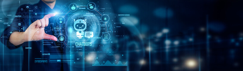 Businessman touching CHATBOTS icons boosts customer service, automates responses, improves...