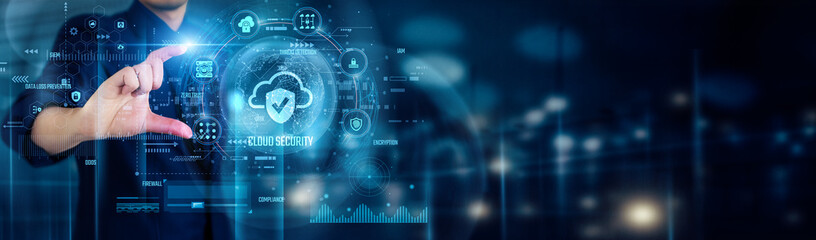 Businessman touching CLOUD SECURITY icons ensures data protection, access control, compliance in cloud environments, safeguarding sensitive information and enabling secure, scalable cloud computing.